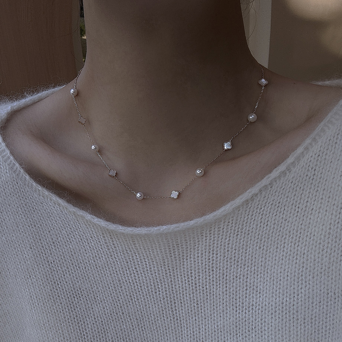 幸运草天然母贝项链满天星毛衣链