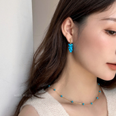 MISS HELEN晴岚仿蓝松石耳钉耳夹女原创设计气质s925银精致耳环