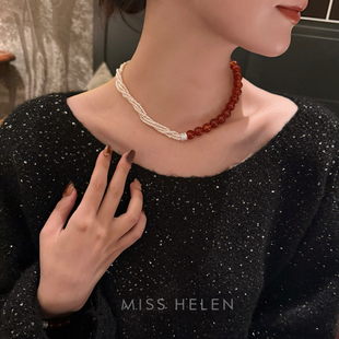 简约 惊鸿红玛瑙珍珠拼接项链毛衣链锁骨链女配饰时尚 MISS HELEN