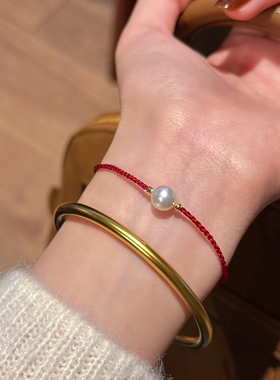 MISS HELEN「18K金红绳」天然珍珠红绳手链女送礼物本命年叠戴