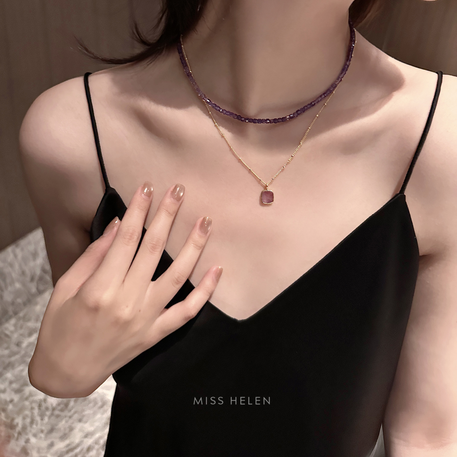 MISS HELEN紫色秘语S925银项链女锆石精致叠戴锁骨链颈链水晶新款