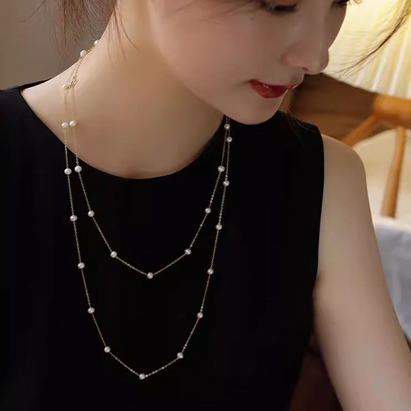 满天星天然珍珠毛衣链项链美国包金设计气质长款夏季通勤S925时尚