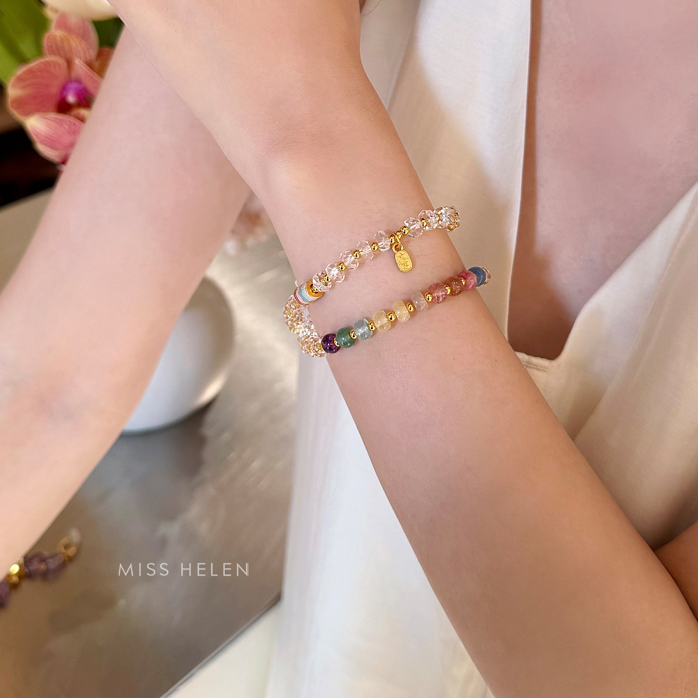 银手链女转运多宝水晶双圈手串