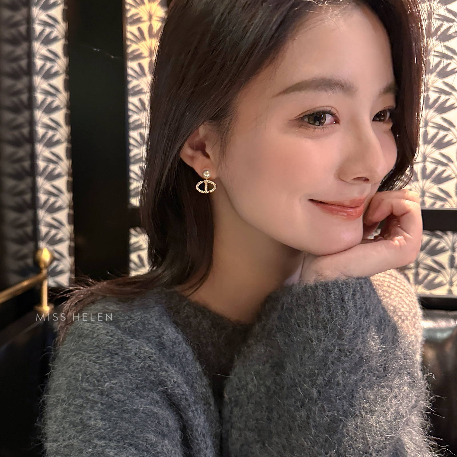 耳夹女耳钉施家水晶珍珠耳环