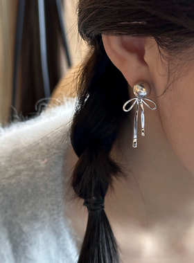 韩版妙龄蝴蝶结耳钉耳夹灰色珍珠长款耳坠超仙耳环气质高级感耳饰