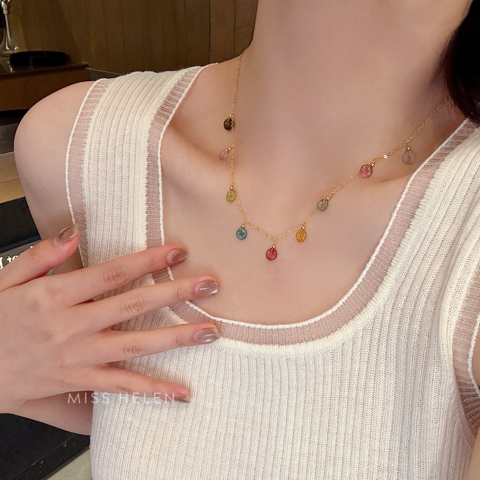 MISS HELEN「碧玺平安扣」项链女美国14k包金精致多巴胺夏季新款