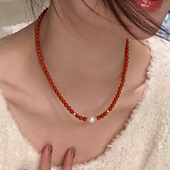 轻奢红颜玉润南红小米珠天然珍珠项链锁骨链高级感质感小众时尚 女