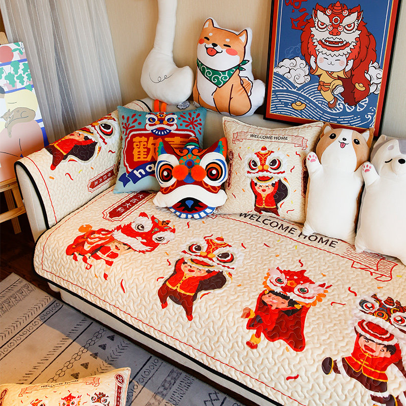 中国风国潮沙发垫新中式醒狮子新年喜庆结婚沙发巾套防滑四季通用,居家布艺,沙发垫,淘宝优惠券,粉丝福利购,淘宝优惠卷