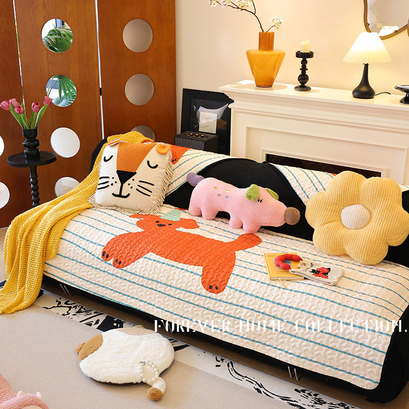 简约条纹卡通狗沙发垫新款四季布艺防滑组合客厅坐垫套高级感盖巾