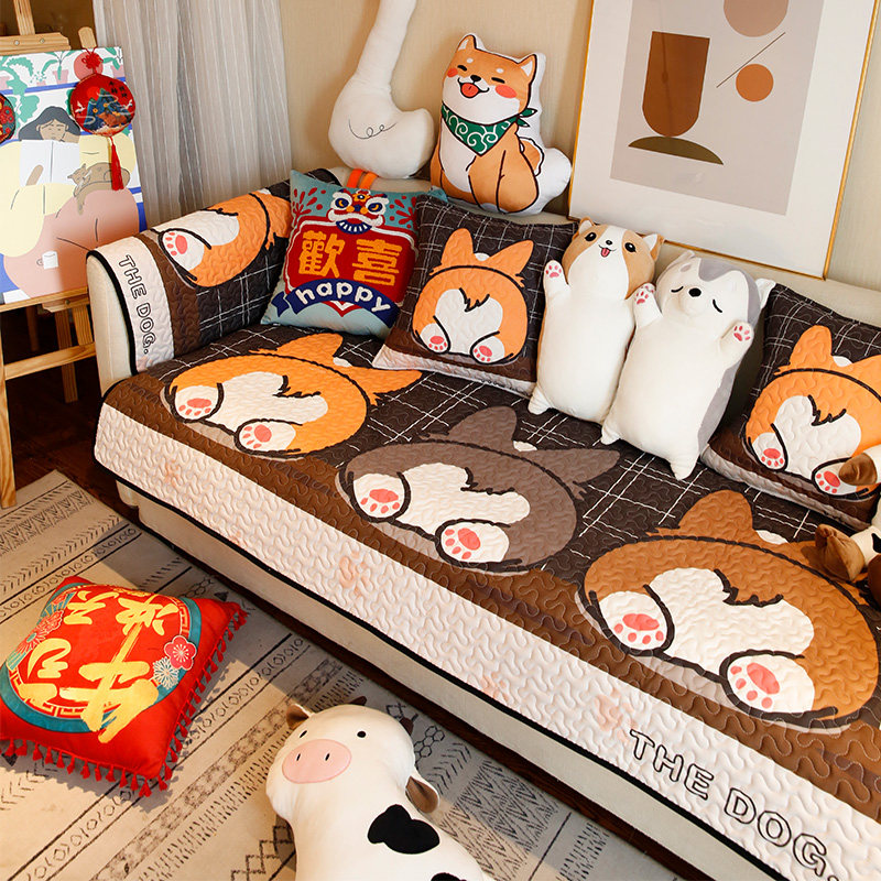 可爱卡通简约沙发坐垫布艺四季通用动漫柯基沙发巾套可水洗可定制
