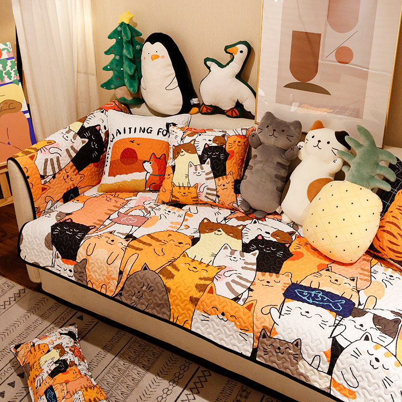 可爱猫咪时尚百搭布艺防滑沙发垫简约现代猫星人客厅沙发巾沙发罩