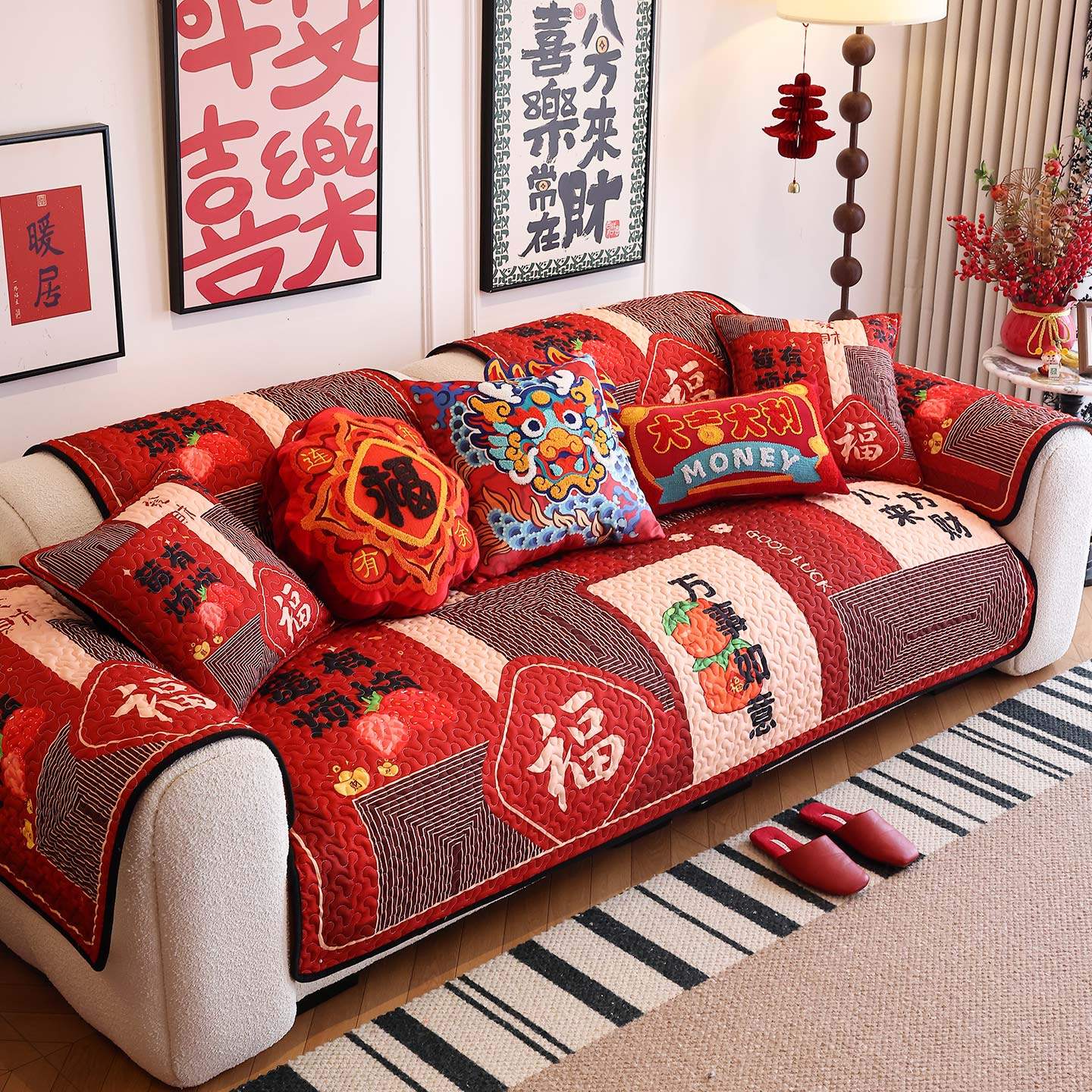 国潮红色喜庆沙发垫新款四季防滑可定制客厅盖布中式装饰沙发套罩,居家布艺,沙发垫,淘宝优惠券,粉丝福利购,淘宝优惠卷