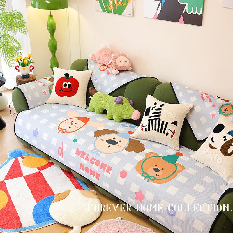 夏季冰丝多巴胺沙发垫卡通可爱四季通用防滑布艺组合格子坐垫罩巾