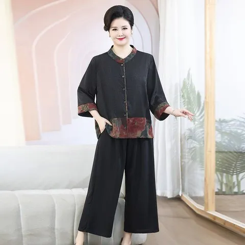 衬衫上衣特体加肥加大码妈妈装女短袖套装洋气中老年夏装2024新款