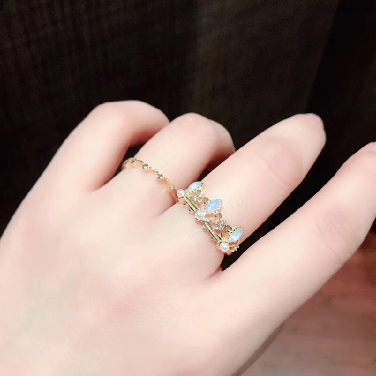 两件套925纯银皇冠戒指天然珍珠蛋白石锆石花边戒指活口指环