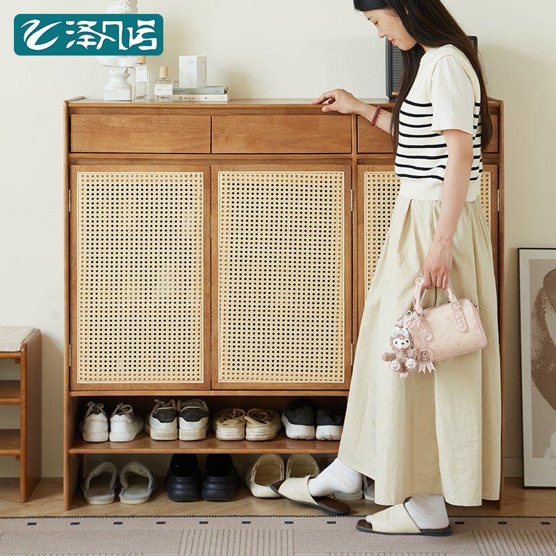 实木鞋柜家用门口藤编鞋架