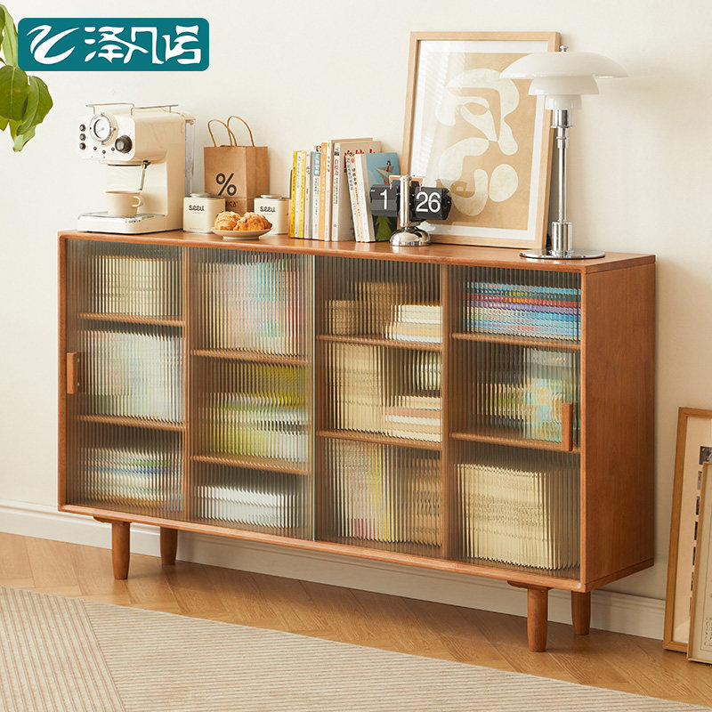 日式书柜实木矮柜落地柜家用带门防尘收纳柜樱桃木色储物柜格子柜