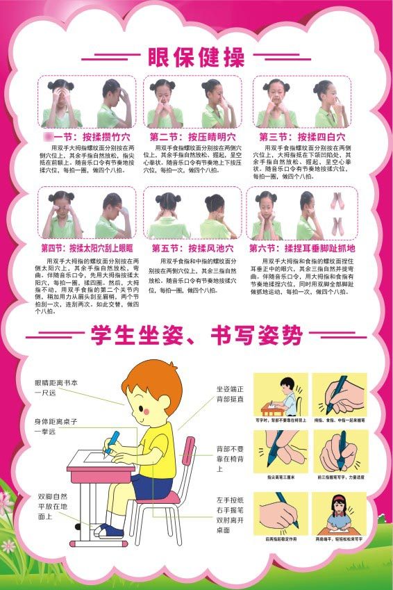 m771中学小生眼保健操坐姿书写姿势示范图海报定印制展板贴纸469