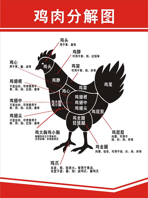 m771市场超市鸡肉部位分解分割图及烹饪方法挂图贴纸海报印制1349