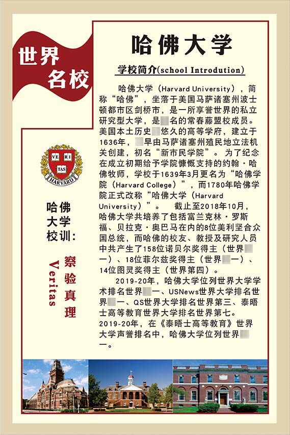 m769哈佛大学简介绍校训徽课室墙贴纸挂图1353喷绘kt展板海报印制