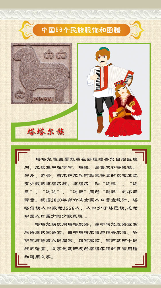 762海报印制展板写真832中国56个少数民族服饰图腾简介5塔塔尔族