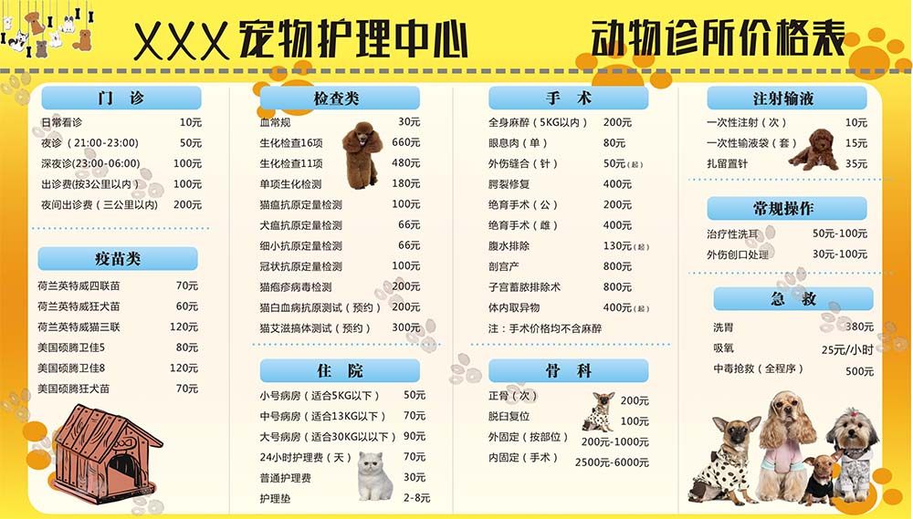 m769宠物医院项目价格目表墙贴纸挂图1394写真喷绘kt展板海报印制