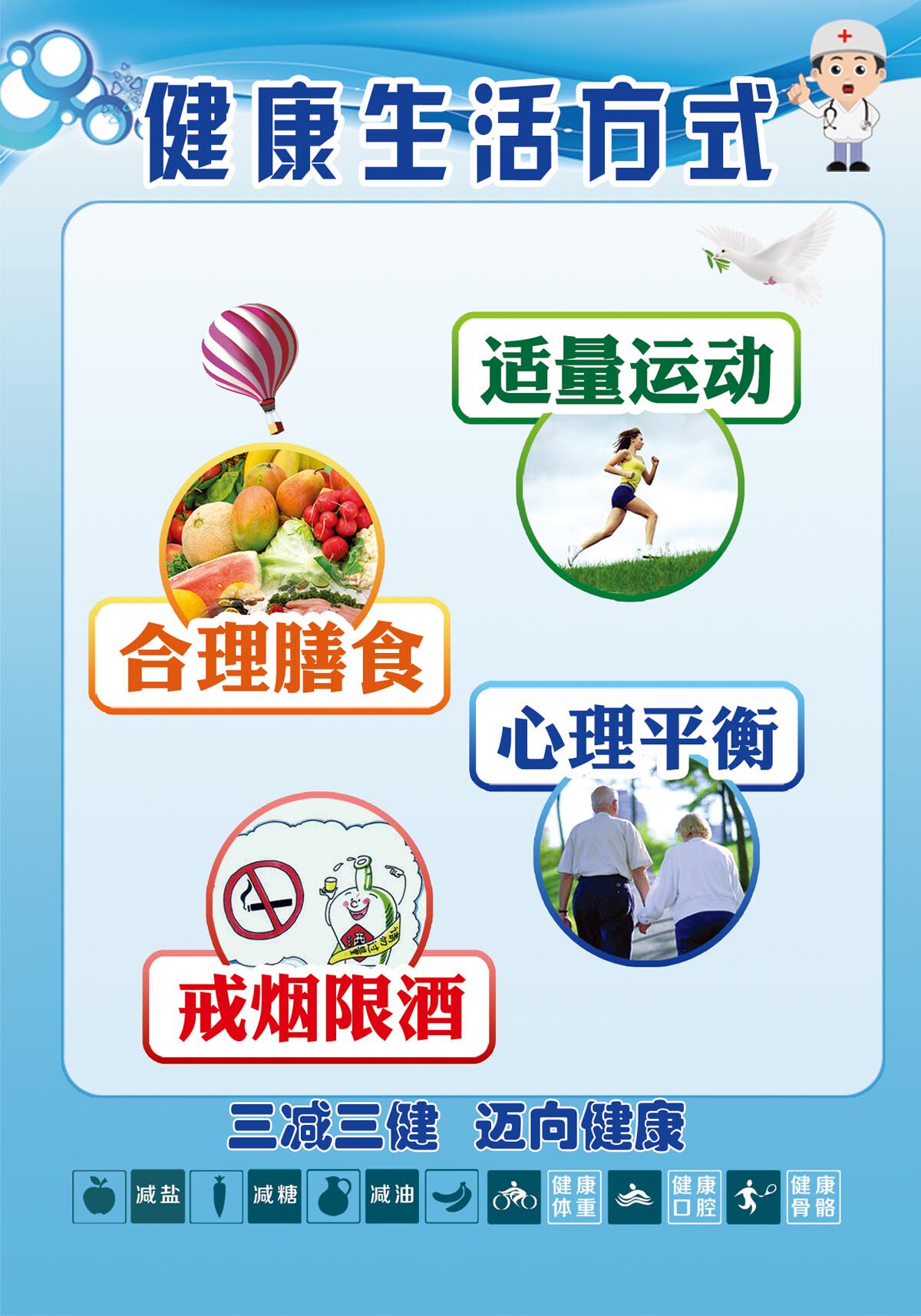 m768健康生活方式三减三健宣传图89运动膳食戒烟心理平衡海报印制