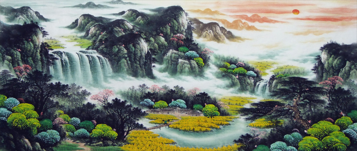 763海报印制展板写真贴纸素材779中堂山水风景国画装饰画旭日山林