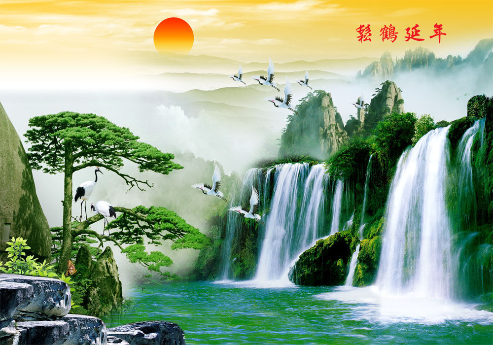 763海报印制展板写真素材251迎客松青山绿水松鹤延年山水风景画