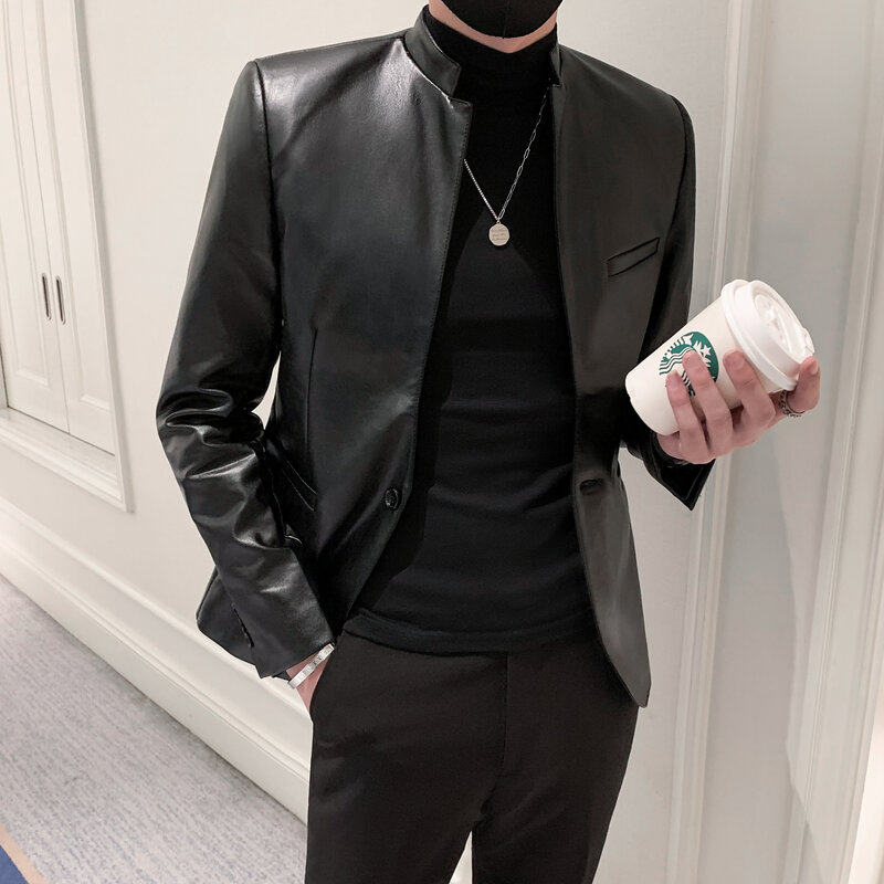 痞帅风皮夹克西装男款皮衣外套小西服修身休闲立领2024新款,男装,皮衣,淘宝优惠券,粉丝福利购,淘宝优惠卷