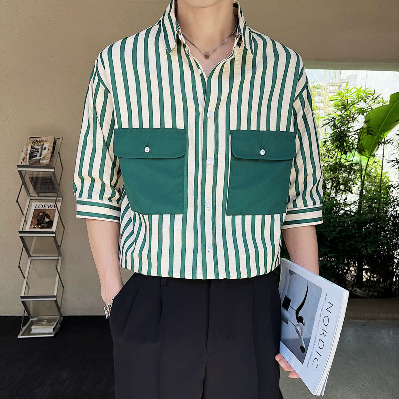 五分袖衬衫男薄款夏季潮牌2024新款修身条纹口袋设计男士短袖寸衫