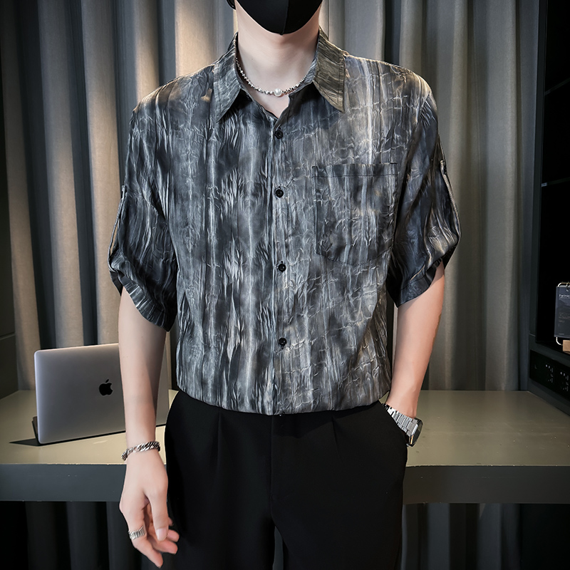 2024夏季夏威夷风花短袖衬衫男半袖扎染沙滩冰丝海边度假中袖衬衣