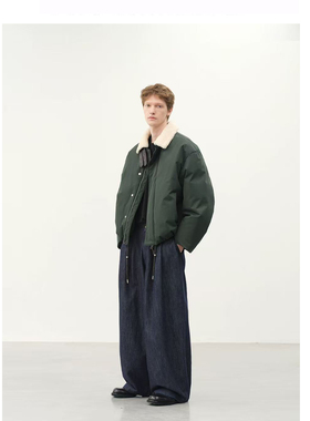 现代风90白鸭绒毛领可脱卸夹克男绿色拉链外套皮草领加厚保暖外套