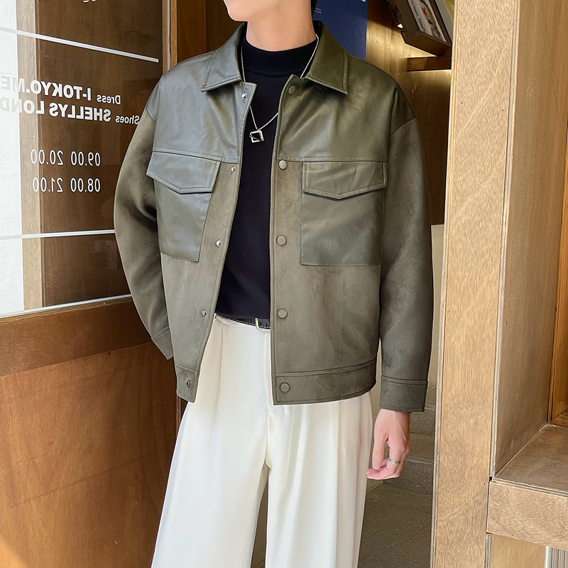 PU皮拼接仿麂皮绒夹克棉服男翻领24秋冬季韩版短款宽松羊羔毛外套