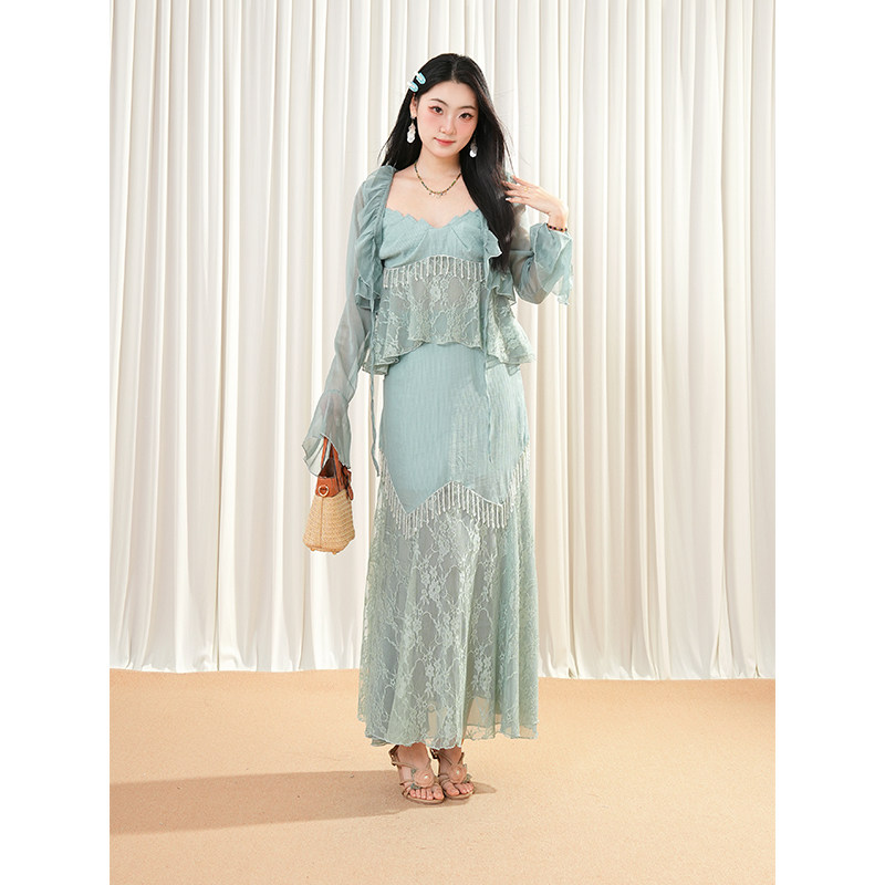 法式不规则半身裙流苏吊带开衫三件套气质甜辣小众时髦百搭套装女
