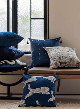 蓝色莱茵蓝宝蓝克莱因蓝绣花天鹅绒抱枕靠垫ins风家居样板房