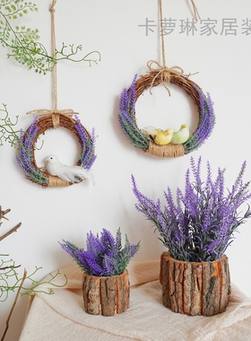 INS风森系仿真紫色薰衣草系列树皮桶套装桌面小摆件插花花艺装饰