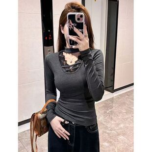 灰色蕾丝修身收腰挂脖长袖T恤上衣女秋季辣妹纯欲加绒内搭打底衫