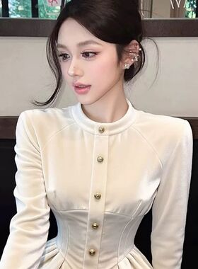 超好看白色立领长袖丝绒衬衫女2025秋冬新款漂亮减龄气质掐腰上衣