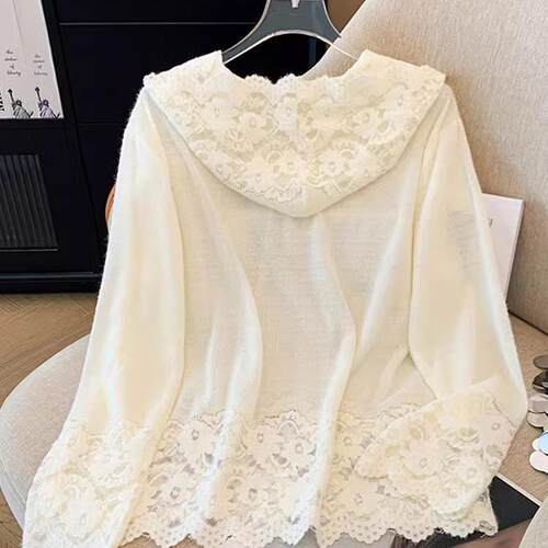 法式纯欲蕾丝拼接连帽针织衫女秋冬季宽松显瘦内搭打底衫长袖上衣