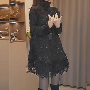 蕾丝拼接打底衫 韩版 女宽松显瘦中长款 气质高领长袖 女 重磅2025秋季