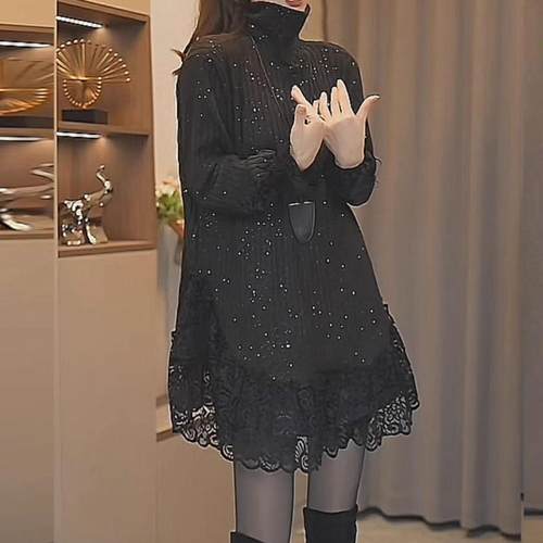 韩版重磅2025秋季气质高领长袖女宽松显瘦中长款蕾丝拼接打底衫女