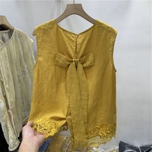 潮 高端纯亚麻上衣无袖 背心2025新款 别致独特漂亮蝴蝶结小衫 娃娃衫