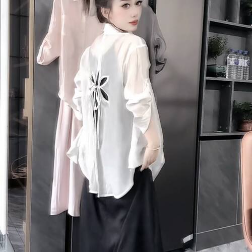后背开叉上衣雪纺衬衫女夏薄款开衫外套设计感小众防晒上衣空调衫