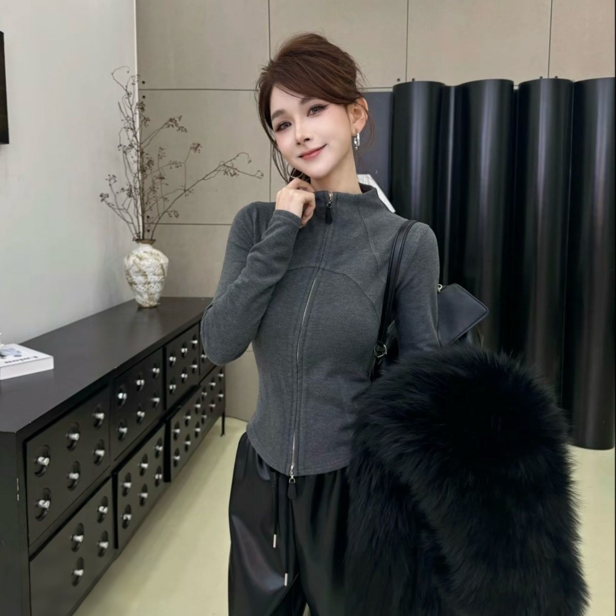 设计感双拉链鱼骨半高领卫衣女2025秋季新款法式时尚修身开衫上衣