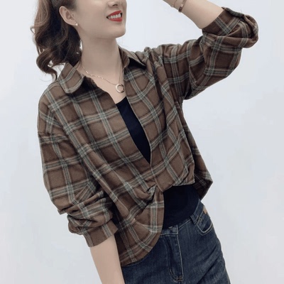 新款格子时尚减龄休闲洋气拼接气质衬衫两件套百搭显瘦女长袖衬衣