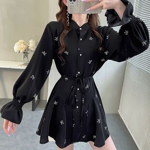 时尚 甜美碎花荷叶袖 上衣女显瘦中长款 系带收腰衬衫 秋 独特漂亮小衫
