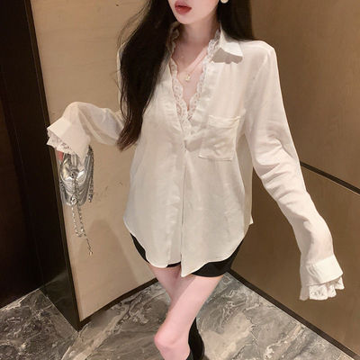 假两件蕾丝拼接长袖衬衫女秋季宽松polo领衬衣设计感白色防晒上衣