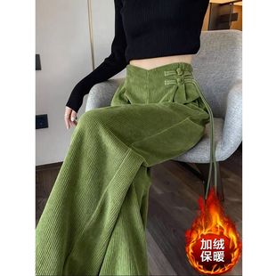 绿色灯芯绒中式盘扣裤子女秋冬新休闲西装裤雪尼尔加绒窄版阔腿裤