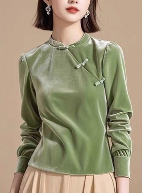 绿色丝绒新中式盘扣立领长袖套头衫修身百搭斜襟短款气质打底上衣